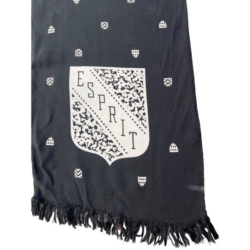 Esprit Crest Fringe Trim Printed Silk Scarf Lightweight Rectangle Black White